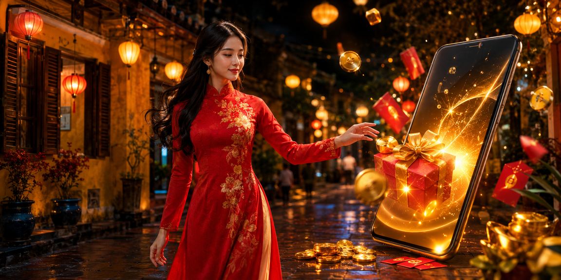Thiếu nữ áo dài Hội An cầm bao lì xì đỏ, hình ảnh gợi không khí lễ hội và khuyến mãi đặc biệt