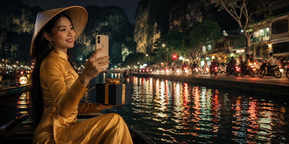 Khung cảnh Ninh Bình về đêm với bảng hiệu neon và người dùng kiểm tra kèo thể thao VIP trên điện thoại